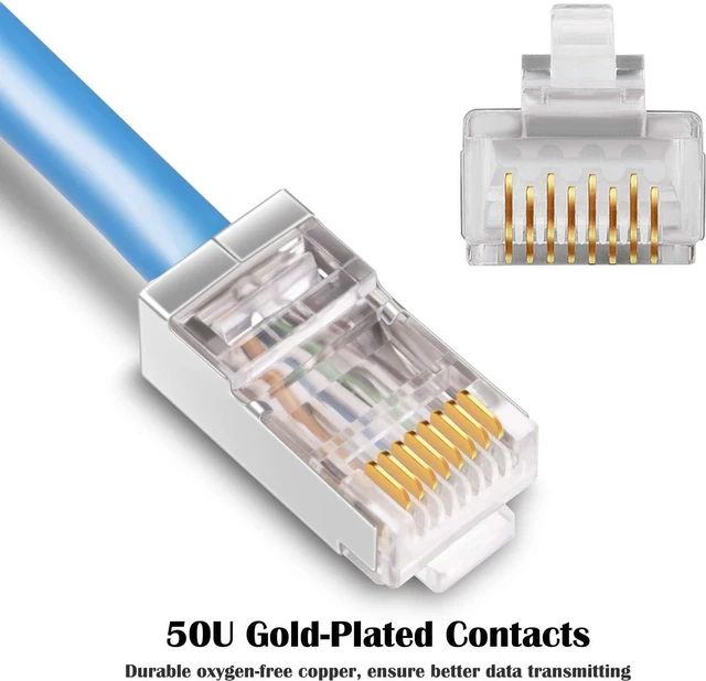 Alt view image 3 of 6 - Shielded Cat6 RJ45 Connectors - iGreely 50-Pack Gold Plated RJ45 Cat6/Cat5E/Cat5 8P8C 50 Micron 50u 3 Prong FTP STP Ethernet Cable Crimp Modular Plug