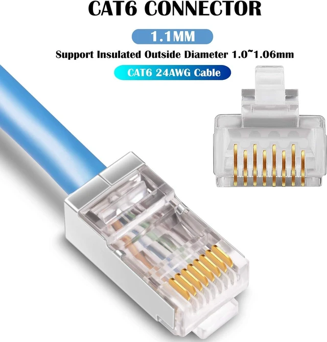 Alt view image 2 of 6 - Shielded Cat6 RJ45 Connectors - iGreely 50-Pack Gold Plated RJ45 Cat6/Cat5E/Cat5 8P8C 50 Micron 50u 3 Prong FTP STP Ethernet Cable Crimp Modular Plug