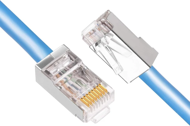Alt view image 4 of 6 - Shielded Cat6 RJ45 Connectors - iGreely 50-Pack Gold Plated RJ45 Cat6/Cat5E/Cat5 8P8C 50 Micron 50u 3 Prong FTP STP Ethernet Cable Crimp Modular Plug