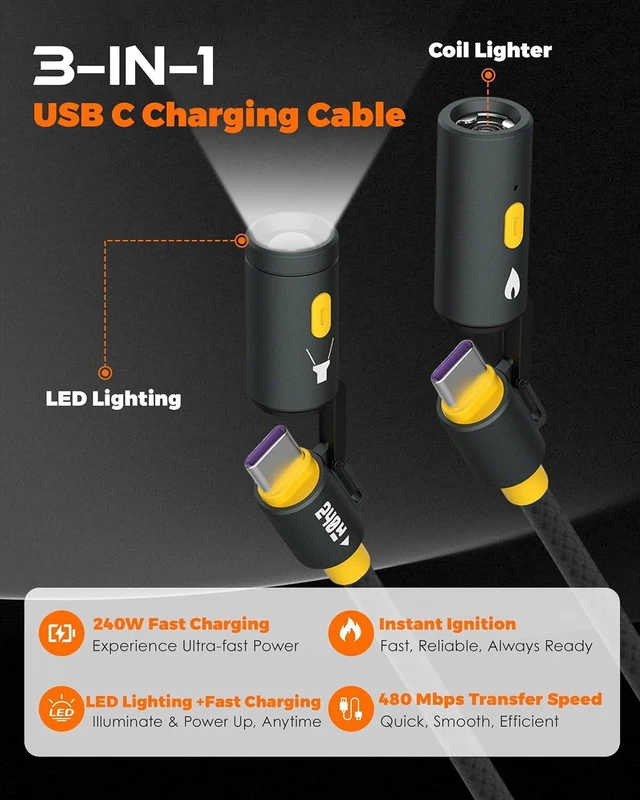 Alt view image 2 of 7 - chubbycable ChubbyWild 240W Rugged Charging Cable with Arc Ignite and Emergency Light USB C Fast Charging Cable for Outdoor Emergency Use, 240W Coil Lighter & LED-Yellow