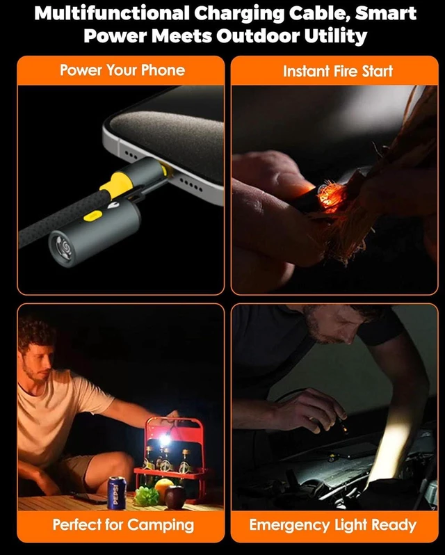 Alt view image 3 of 7 - chubbycable ChubbyWild 240W Rugged Charging Cable with Arc Ignite and Emergency Light USB C Fast Charging Cable for Outdoor Emergency Use, 240W Coil Lighter & LED-Yellow