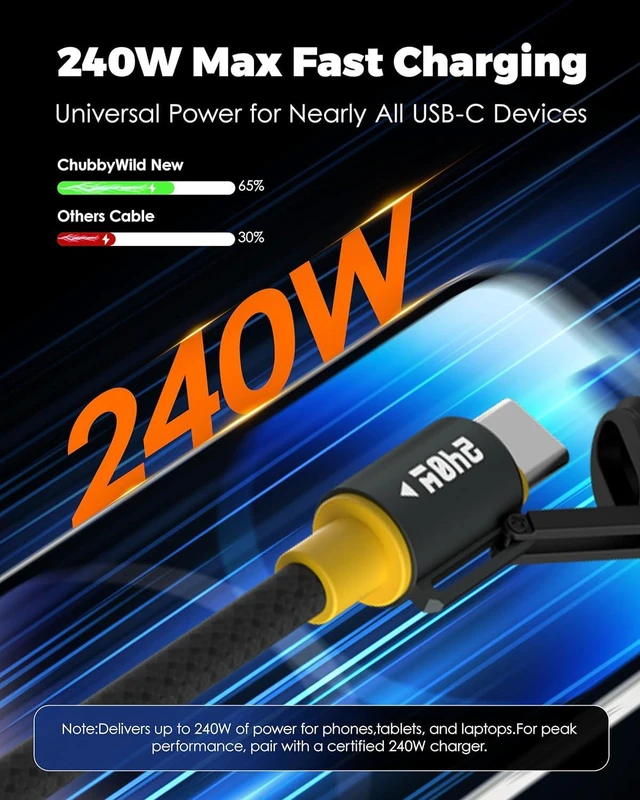 Alt view image 4 of 7 - chubbycable ChubbyWild 240W Rugged Charging Cable with Arc Ignite and Emergency Light USB C Fast Charging Cable for Outdoor Emergency Use, 240W Coil Lighter & LED-Yellow