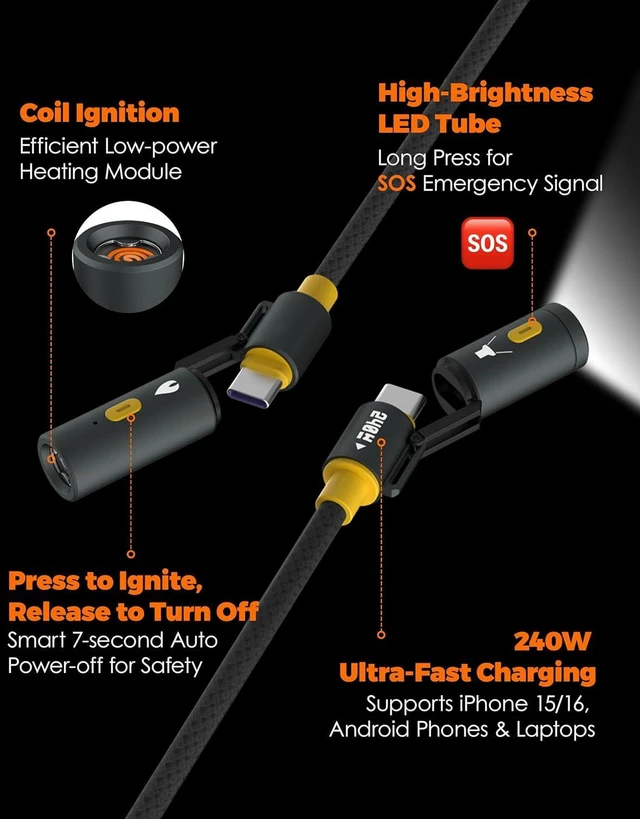 Alt view image 5 of 7 - chubbycable ChubbyWild 240W Rugged Charging Cable with Arc Ignite and Emergency Light USB C Fast Charging Cable for Outdoor Emergency Use, 240W Coil Lighter & LED-Yellow