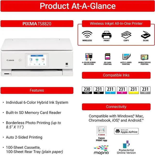 Alt view image 2 of 7 - Canon PIXMA TS8820 Wireless All-in-One Inkjet Printer | Print Copy Scan | High-Resolution Photo Color Output for Home Office Creative Projects Everyday Documents + 32GB Card + More (8 Items)