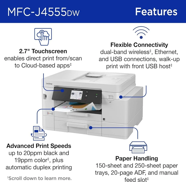 Alt view image 3 of 7 - Brother INKvestment 4555 Wireless Color Inkjet All-in-One Printer with 2.7 Color Touchscreen and 2 Paper Trays | Includes Refresh Subscription Trial(1) (MFC-J4555DW)