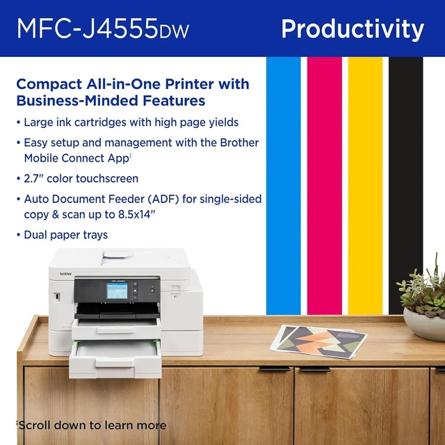 Alt view image 5 of 7 - Brother INKvestment 4555 Wireless Color Inkjet All-in-One Printer with 2.7 Color Touchscreen and 2 Paper Trays | Includes Refresh Subscription Trial(1) (MFC-J4555DW)