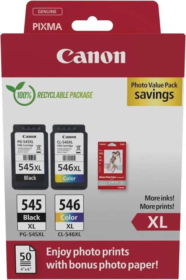 Main image of Canon PG-545XL / CL-546XL High Yield Genuine Ink Cartridges, Pack of 2 (Colour and Black), Includes 50 Sheets of 4x6 Photo Paper - Cardboard Multipack