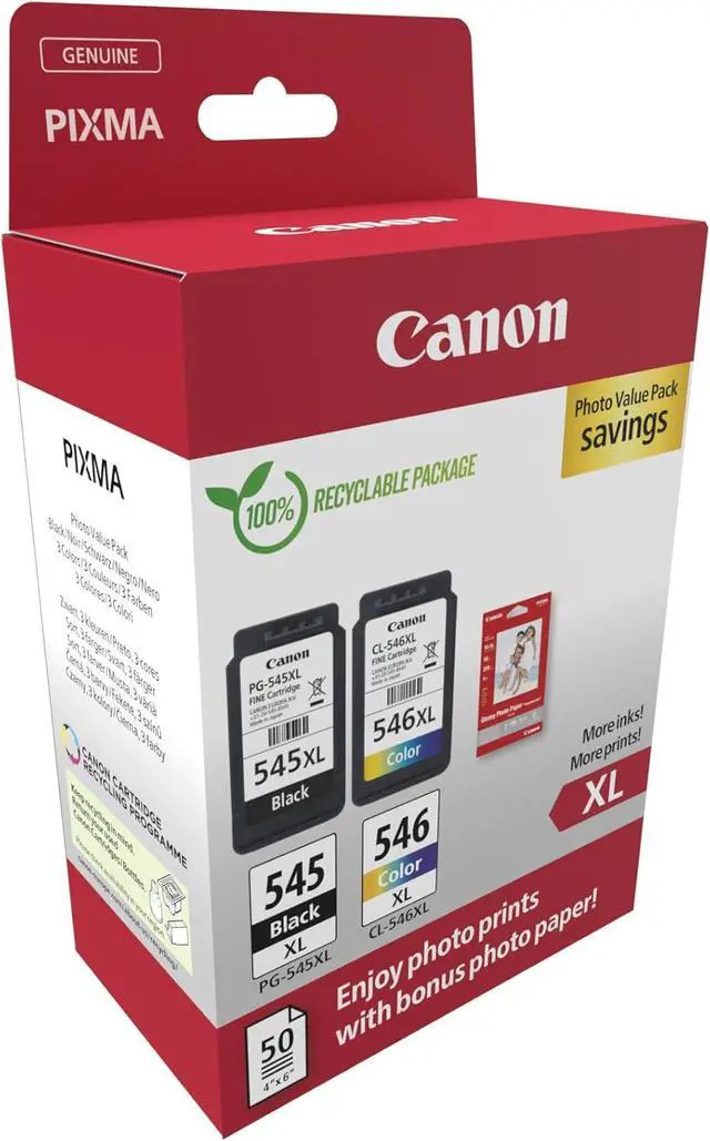 Alt view image 2 of 6 - Canon PG-545XL / CL-546XL High Yield Genuine Ink Cartridges, Pack of 2 (Colour and Black), Includes 50 Sheets of 4x6 Photo Paper - Cardboard Multipack