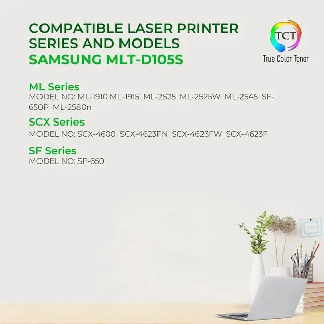 Alt view image 2 of 7 - TCT D105S Toner Cartridge - Compatible Replacement for Samsung MLT-D105S Black Works with Samsung ML-1910 1911 1915 2525 2545 2525W 2526 Printers (1,500 Pages)
