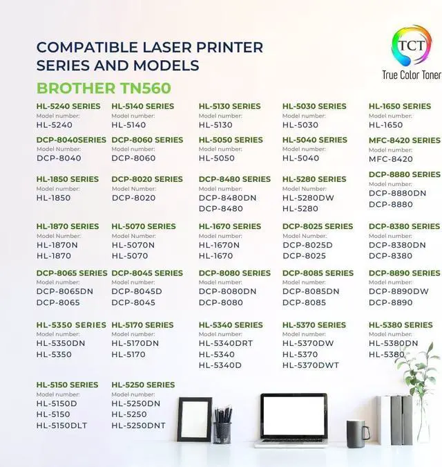 Alt view image 2 of 6 - TCT TN560 Toner Cartridge - Compatible Replacement for Brother TN-560 TN560 Black High Yield Works with Brother HL-1650 1650N 1850 5040 5050 5070 MFC-8420 Printers (7,000 Pages)