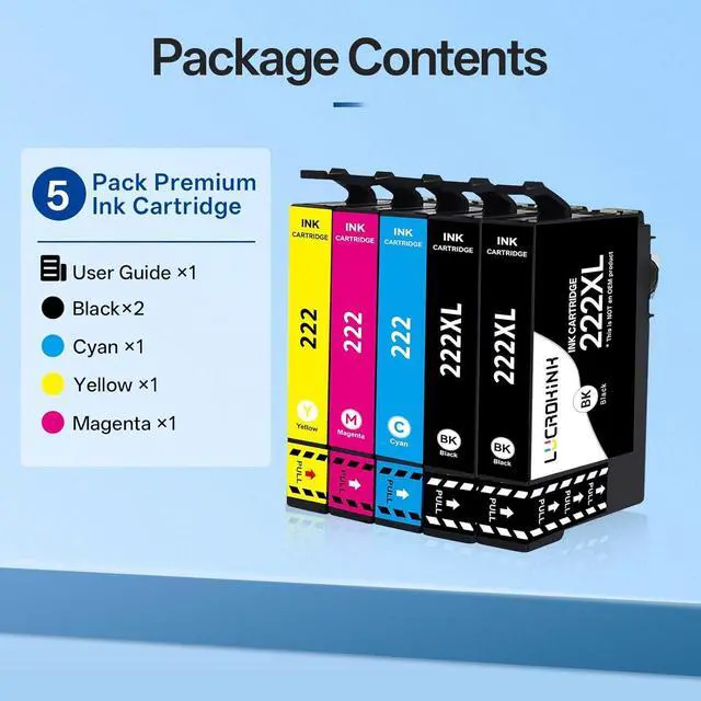 Alt view image 7 of 7 - 222XL 222 Remanufactured Ink Cartridges Combo Pack for Expression Home XP-5200 Workforce WF-2960 Printer (5 Pack, Black Cyan Yellow Magenta)