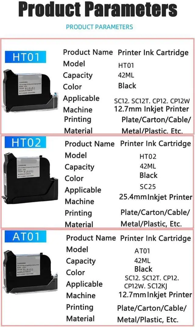 Alt view image 2 of 7 - Printer Ink Cartridge,Rapid Drying Inkjet Printer Cartridge,42ML Black Replacement Ink Cartridge, for 12.7mm/25.4mm Automatic Coding Machine 25.4mmHT02