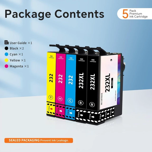 Alt view image 6 of 7 - 232XL Ink Cartridges Combo Pack Remanufactured Replacement for 232 Ink Cartridge 232 XL T232XL for WF-2930, WF-2950, XP-4200, XP-4205 Printer Ink (2 Black, Cyan, Yellow, Magenta 5 Pack)