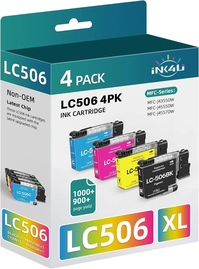 Main image of INK4U Compatible LC506 LC506XL Ink Cartridges Replacement for Brother LC506 Ink Cartridges for Brother Printer MFC-J4355DW, MFC-J4555DW, MFC-J4557DW Printer (Black Cyan Magenta Yellow, 4 Pack)