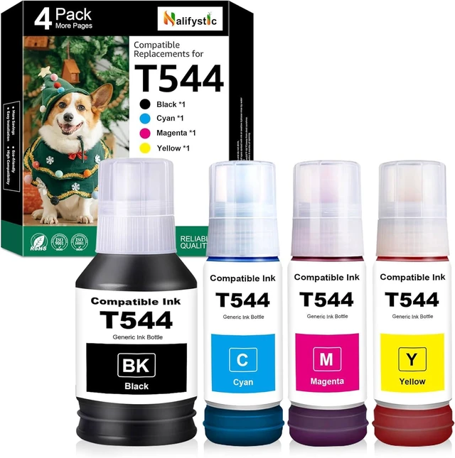 Main image of Compatible T544 544 Ink Refill Bottles Compatible Replacement for L1210 L1250 L3110 L3150 L3160 L3210 L3250 L3251 L3260 L5290 L5590 Printers, 1BK3C-4PK