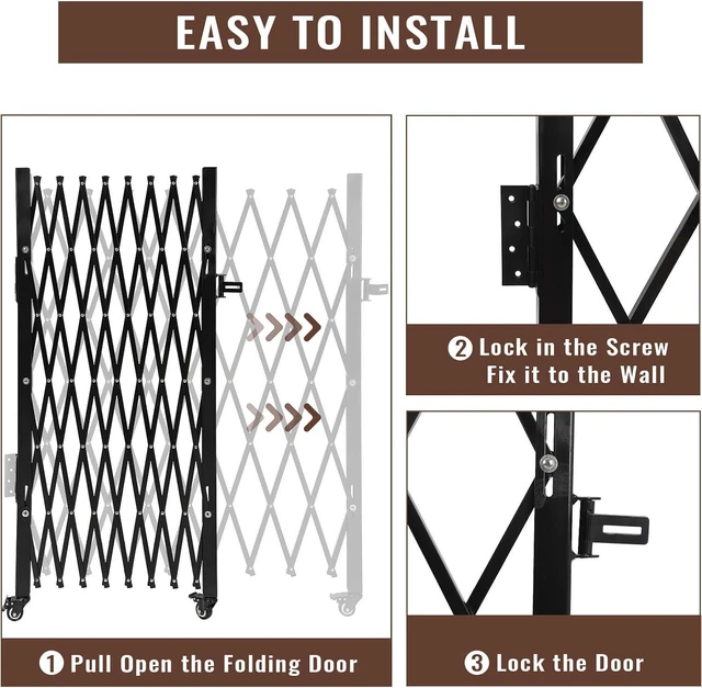 Alt view image 3 of 7 - Folding Security Door 50" H x 43" W, Single Portable Expandable Fence Gate with 360° Rolling Wheel, Flexible Steel Accordion Security Security Gate,Barricade Gate for Backyard Garden