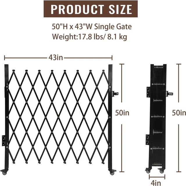 Alt view image 4 of 7 - Folding Security Door 50" H x 43" W, Single Portable Expandable Fence Gate with 360° Rolling Wheel, Flexible Steel Accordion Security Security Gate,Barricade Gate for Backyard Garden