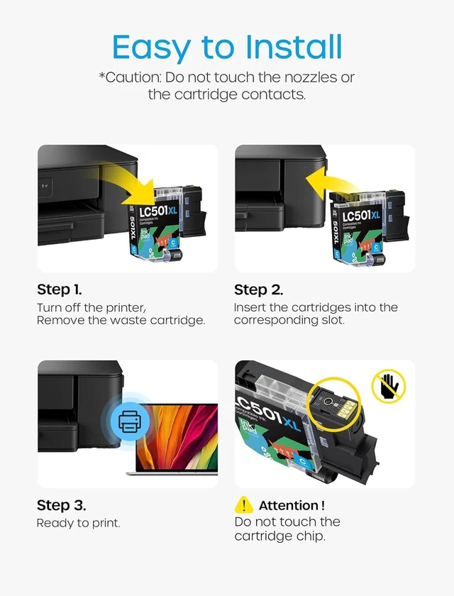 Alt view image 7 of 7 - Compatible with LC501XL High Yield Ink Cartridges Compatible for Brother LC501 XL Work for Brother MFC-J1360DW, MFC-J1410DW, MFC-J1260DW Printer (4 Pack, Black Cyan Magenta Yellow)