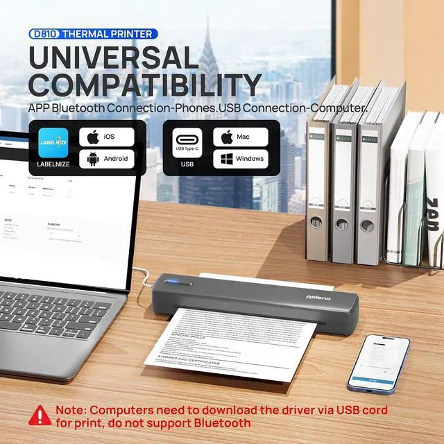 Alt view image 3 of 7 - POLONO Portable Printer Wireless for Travel, D810 Bluetooth Thermal Printer Support for 8.5"x11" US Letter, Inkless Compatible with iOS, Android, Laptop for Office, Car and Home, Grey