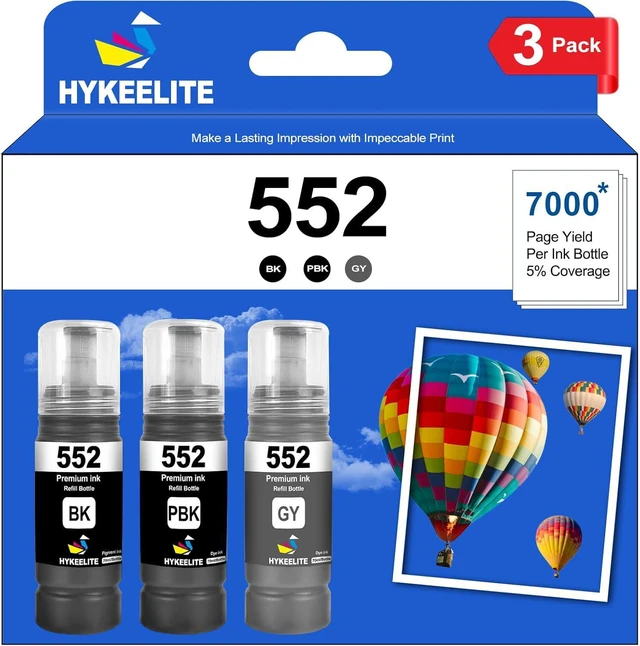 Main image of 552 Ink Refill Bottles bk/pb/Gray 3 Pack,Replacement for EcoTank Photo ET-8500 ET-8550 Printers, Black, Photo Black, Gray Combo Pack