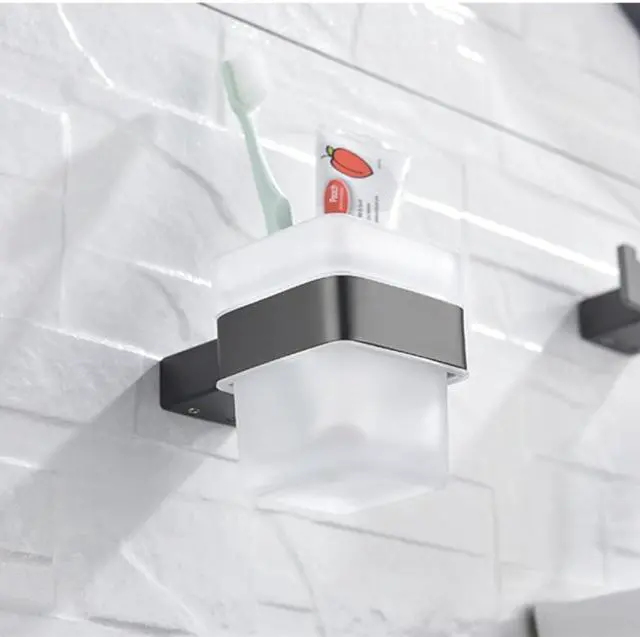 Alt view image 3 of 6 - Gray Double Towel Bars Bathroom Accessories Towel Hanger Towel Rack Hook Paper Holder Toilet Brush Soap Holder,Paper Holder A (Toothbrush Cup)