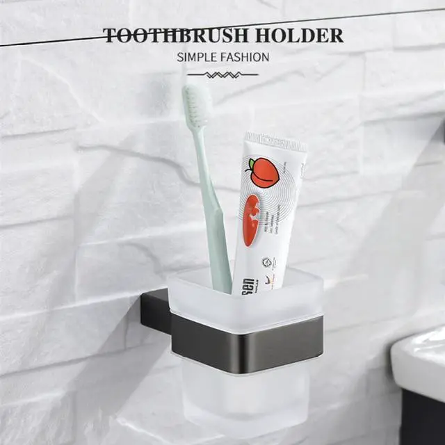 Alt view image 2 of 6 - Gray Double Towel Bars Bathroom Accessories Towel Hanger Towel Rack Hook Paper Holder Toilet Brush Soap Holder,Paper Holder A (Toothbrush Cup)
