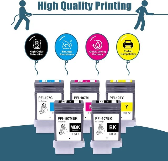 Alt view image 2 of 7 - PFI-107 Ink Replacement Compatible for Canon PFI-107 Ink Cartridges for Canon IPF670 IPF680 IP685 IPF770 IPF780 IPF785 Printer (5PK, MBK/BK/C/M/Y PFI107)