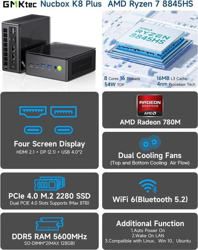 Alt view image 2 of 7 - GMKtec Gaming Mini PC K8 Plus AMD Ryzen 7 8845HS(8C/16T, up to 5.1GHz) 32GB DDR5 RAM 512GB SSD, Desktop Computer Dual NIC 2.5G, HDMI 2.1, USB4