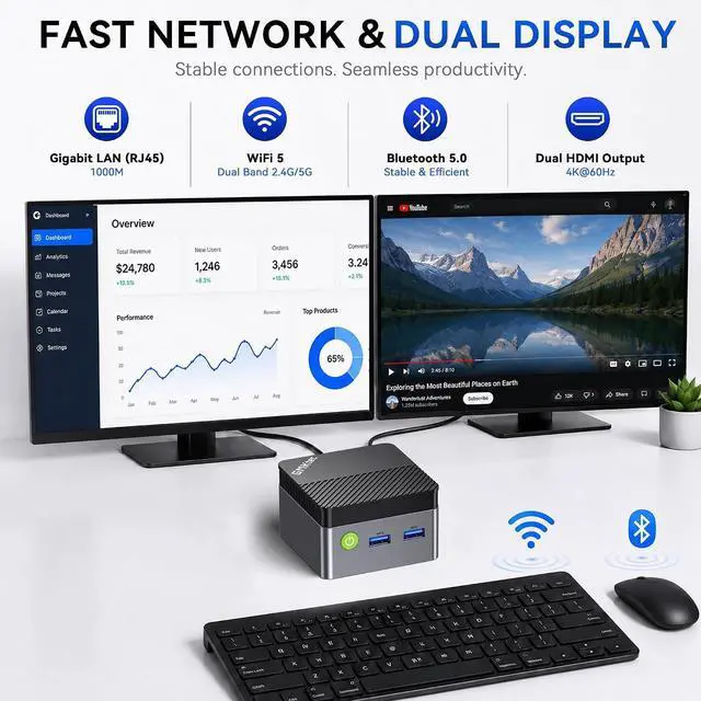 Alt view image 4 of 7 - GMKtec G5S Mini PC Intel N5095 8GB LPDDR4 128GB SSD Desktop Computer | Portable Micro Pocket PC Size, Dual HDMI Ports, USB-C Power Supply, WiFi6/BT5.2, For Office Business Personal Use