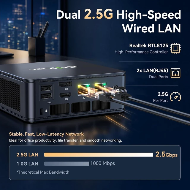 Alt view image 5 of 7 - GMKtec M5 S Mini PC AMD Ryzen 5400U 16GB DDR4 RAM (Dual Channel) 512GB SSD
Desktop Computer for Office Home, Dual 2.5G LAN, WiFi 6E, Triple Display, USB-C, HDMI 2.0, DP, BT 5.2