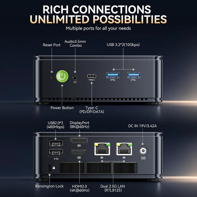 Alt view image 6 of 7 - GMKtec M5 S Mini PC AMD Ryzen 5400U 16GB DDR4 RAM (Dual Channel) 512GB SSD
Desktop Computer for Office Home, Dual 2.5G LAN, WiFi 6E, Triple Display, USB-C, HDMI 2.0, DP, BT 5.2