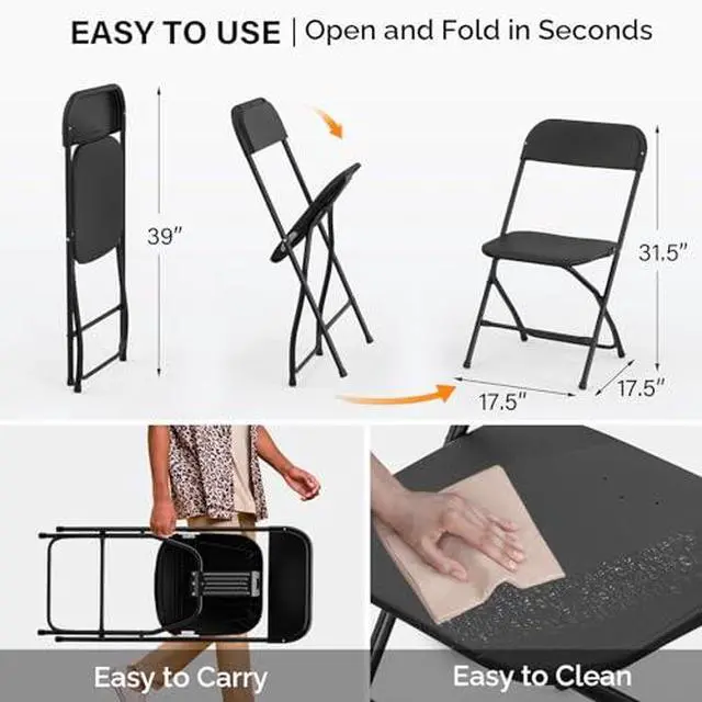 Alt view image 3 of 7 - VINGLI 6 Pack Black Plastic Folding Chair, Indoor Outdoor Portable Stackable Commercial Seat with Steel Frame 350lb. Capacity for Events Office Wedding Party Picnic Kitchen Dining
