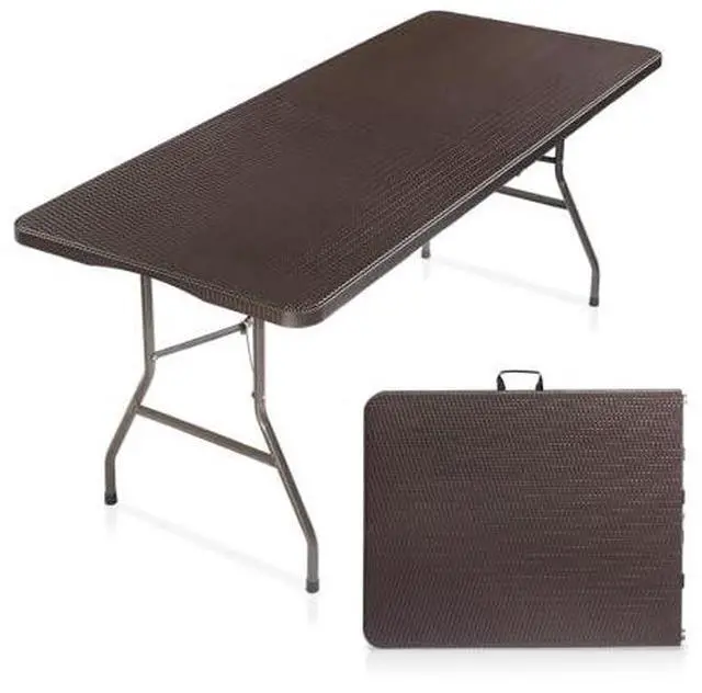 Main image of VINGLI 6 Foot Plastic Folding Table Portable Long Table for Indoor Outdoor Use Rectangular with Carrying Handle,Rattan Patterned HDPE Tabletop, Brown