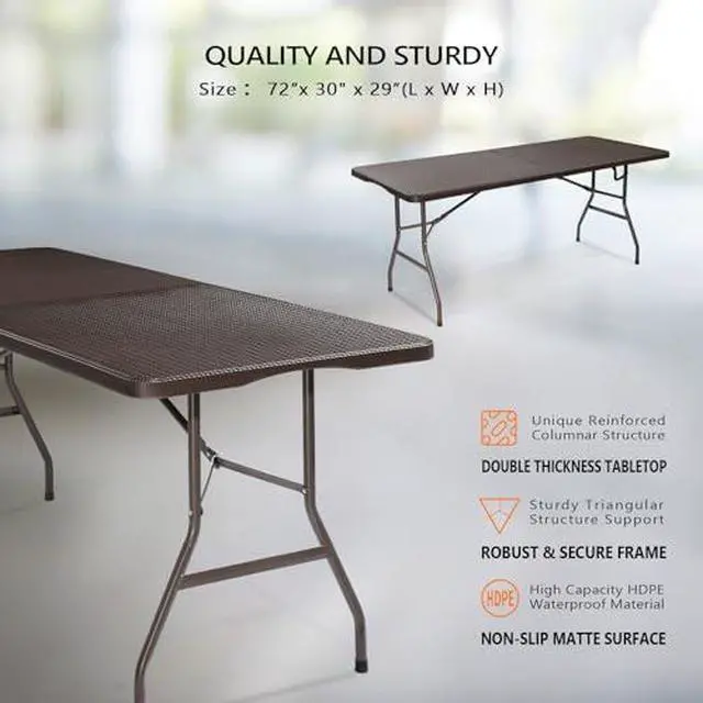 Alt view image 3 of 7 - VINGLI 6 Foot Plastic Folding Table Portable Long Table for Indoor Outdoor Use Rectangular with Carrying Handle,Rattan Patterned HDPE Tabletop, Brown
