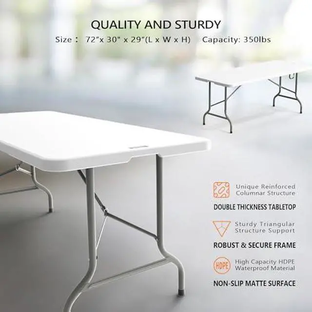 Alt view image 3 of 7 - VINGLI 6 Foot Plastic Folding Table Portable Long Table for Indoor Outdoor Use Rectangular with Carrying Handle, Smooth HDPE Tabletop, White