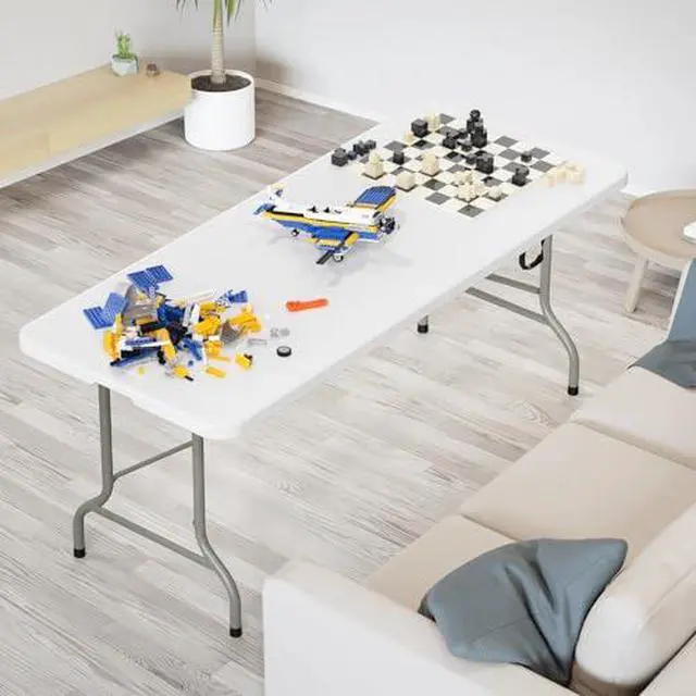 Alt view image 6 of 7 - VINGLI 6 Foot Plastic Folding Table Portable Long Table for Indoor Outdoor Use Rectangular with Carrying Handle, Smooth HDPE Tabletop, White