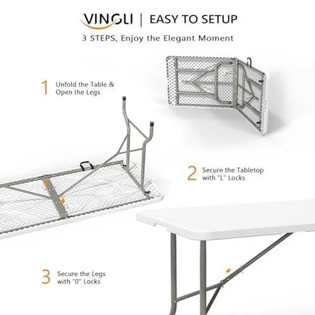 Alt view image 4 of 7 - VINGLI 6 Foot Plastic Folding Table Portable Long Table for Indoor Outdoor Use Rectangular with Carrying Handle, Smooth HDPE Tabletop, White