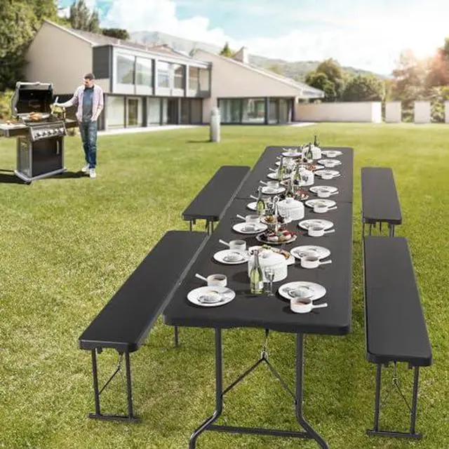 Alt view image 2 of 7 - VINGLI 6 Foot Plastic Folding Table Portable Long Table for Indoor Outdoor Use Rectangular with Carrying Handle, Tree Patterned HDPE Tabletop, Black