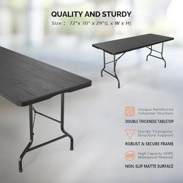 Alt view image 3 of 7 - VINGLI 6 Foot Plastic Folding Table Portable Long Table for Indoor Outdoor Use Rectangular with Carrying Handle, Tree Patterned HDPE Tabletop, Black