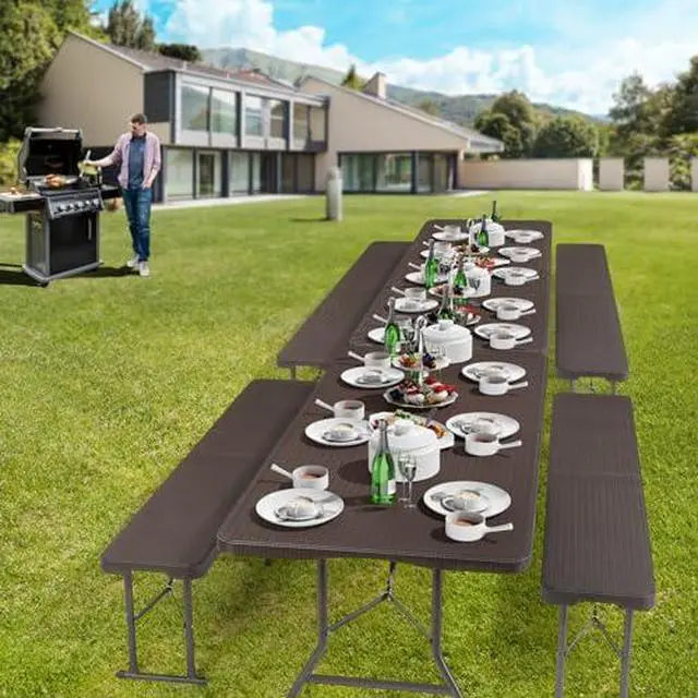Alt view image 2 of 7 - VINGLI 6 Foot Plastic Folding Table Portable Long Table for Indoor Outdoor Use Rectangular with Carrying Handle,Rattan Patterned HDPE Tabletop, Brown