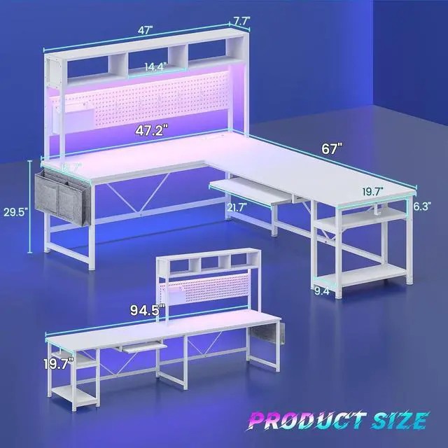 Alt view image 2 of 7 - White L Shaped Gaming Desk, Reversible Corner With Power Outlet and Pegboard, Hutch, Storage Shelf, Keyboard Tray, and LED Lights for Home Office