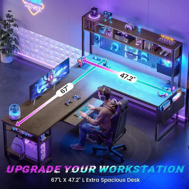 Alt view image 6 of 7 - L Shaped Desk, 94.5 Inch Office Desk with Power Outlet & Pegboard, L Shaped Desk with Led Light, Keyboard Tray, Storage Shelves and Headphone Hook for Home Office, Walnut Brown