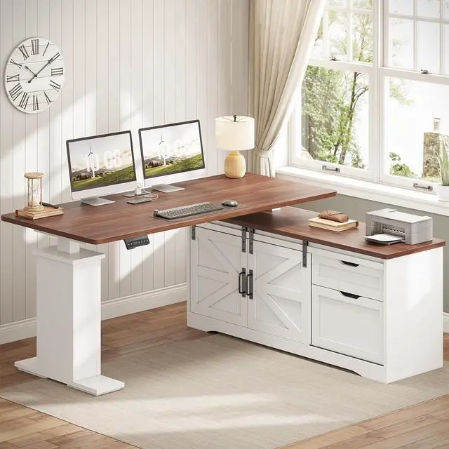 Main image of Farmhouse L Shaped Standing Desk, 55 inch Height Adjustable Corner Desk with Storage Drawers, Standing Computer Desks with Power Outlets for Home Office, White