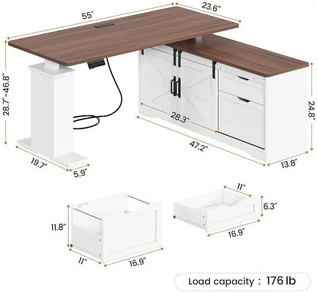 Alt view image 2 of 7 - Farmhouse L Shaped Standing Desk, 55 inch Height Adjustable Corner Desk with Storage Drawers, Standing Computer Desks with Power Outlets for Home Office, White