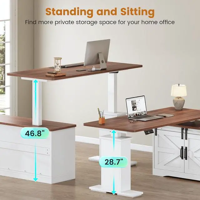Alt view image 4 of 7 - Farmhouse L Shaped Standing Desk, 55 inch Height Adjustable Corner Desk with Storage Drawers, Standing Computer Desks with Power Outlets for Home Office, White