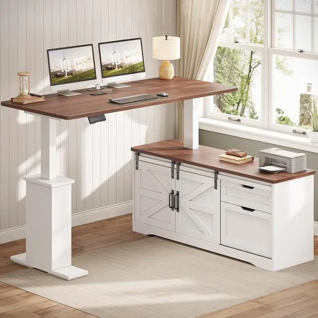 Alt view image 3 of 7 - Farmhouse L Shaped Standing Desk, 55 inch Height Adjustable Corner Desk with Storage Drawers, Standing Computer Desks with Power Outlets for Home Office, White