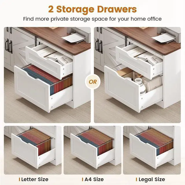 Alt view image 6 of 7 - Farmhouse L Shaped Standing Desk, 55 inch Height Adjustable Corner Desk with Storage Drawers, Standing Computer Desks with Power Outlets for Home Office, White