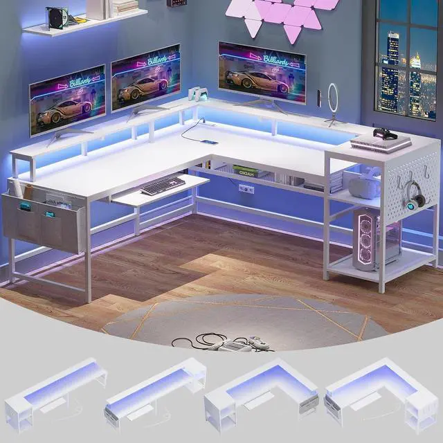 Main image of L Shaped Gaming Desk, Reversible Computer Desk, Gaming Desk with Power Outlets & LED Strip, Monitor Shelf, Keyboard Tray, Pegboard and Storage Shelves for Home Office, White