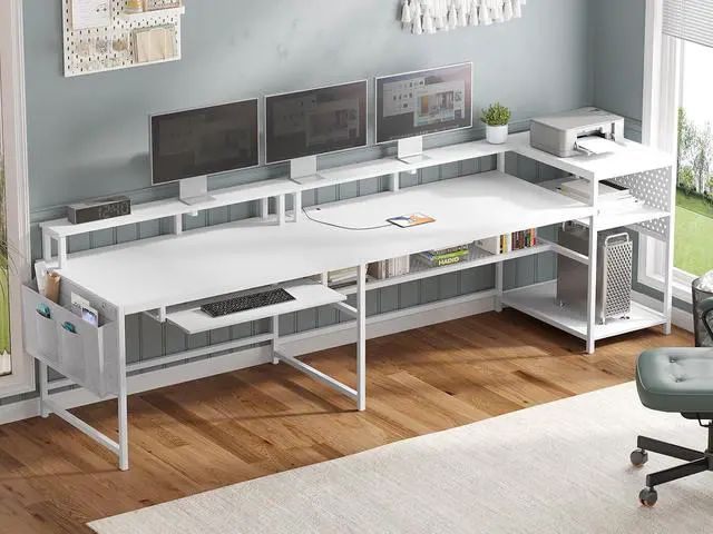 Alt view image 4 of 7 - L Shaped Gaming Desk, Reversible Computer Desk, Gaming Desk with Power Outlets & LED Strip, Monitor Shelf, Keyboard Tray, Pegboard and Storage Shelves for Home Office, White