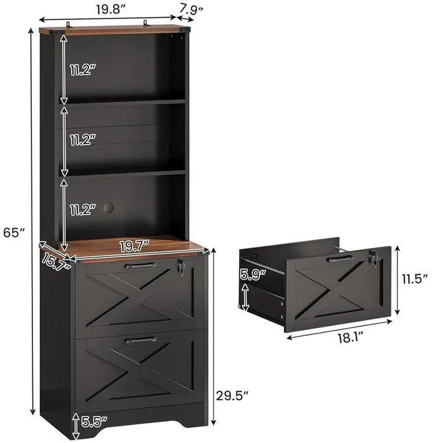 Alt view image 2 of 7 - 2 Drawer File Cabinet with Lock, Wood Filing Cabinet fits Letter, Legal, A4 Size, Hanging File Folders, Farmhouse File Cabinets for Home Office with Adjustable Storage Shelf (Black)
